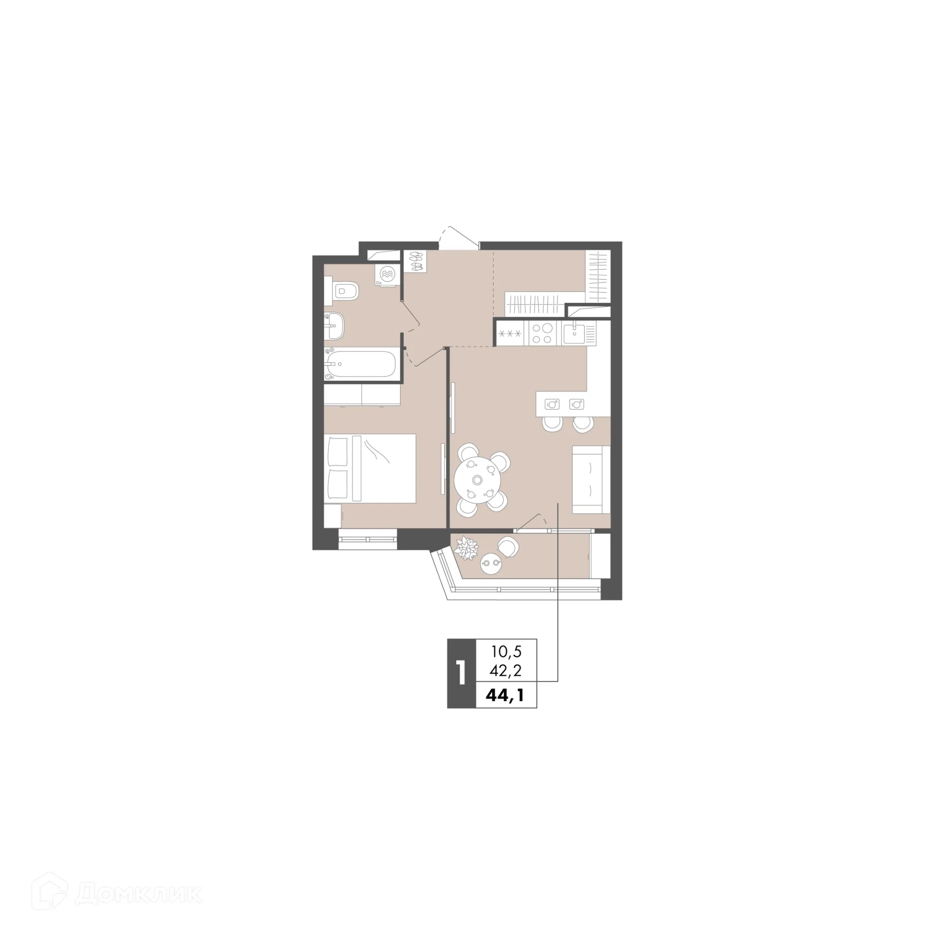 Планировка 1-комнатной квартиры 44.1 м² в ЖК Маяк на Двинской, г. Волгоград — фото 22
