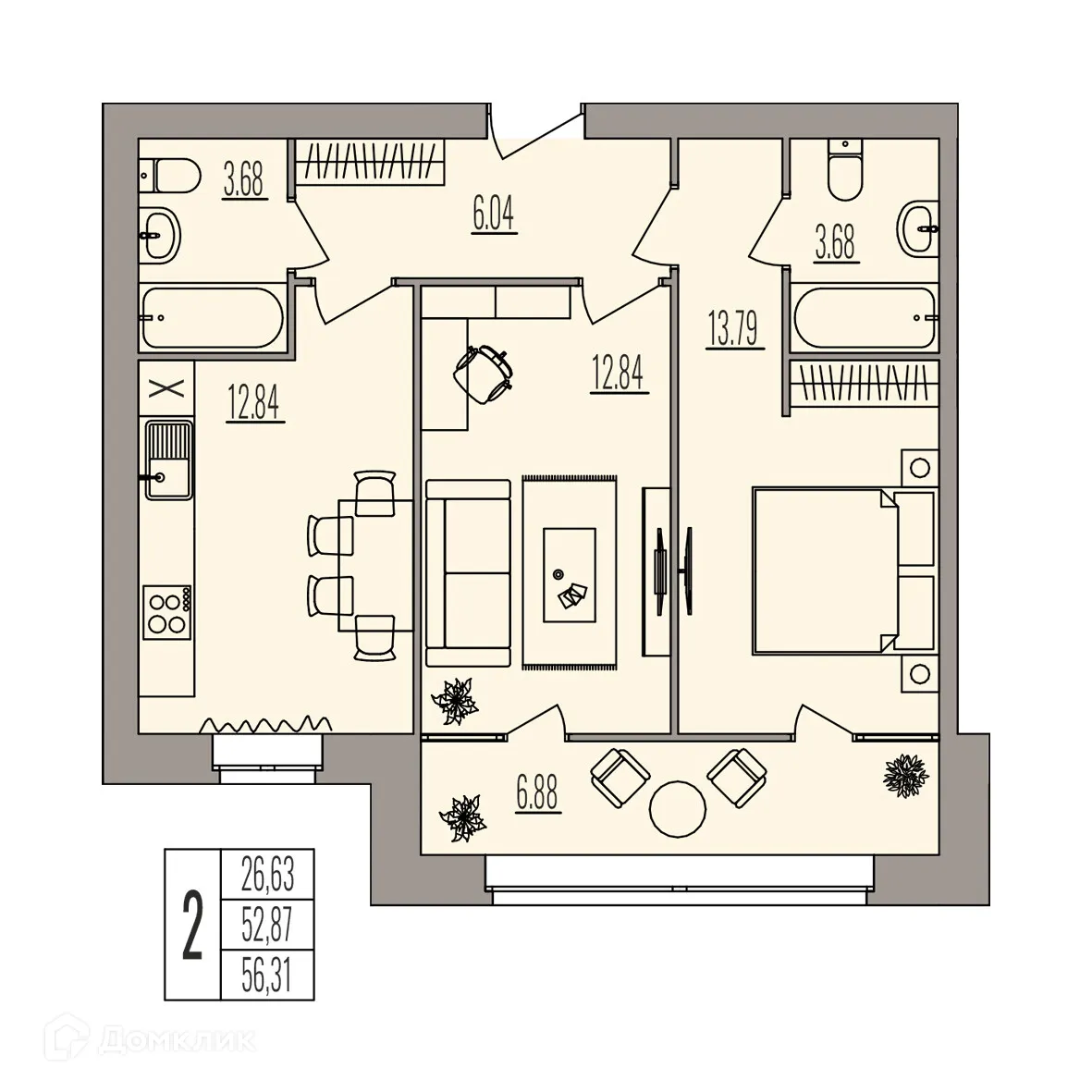 Планировка 2-комнатной квартиры 56.31 м² в ЖК Герои, г. Волгоград — фото 1