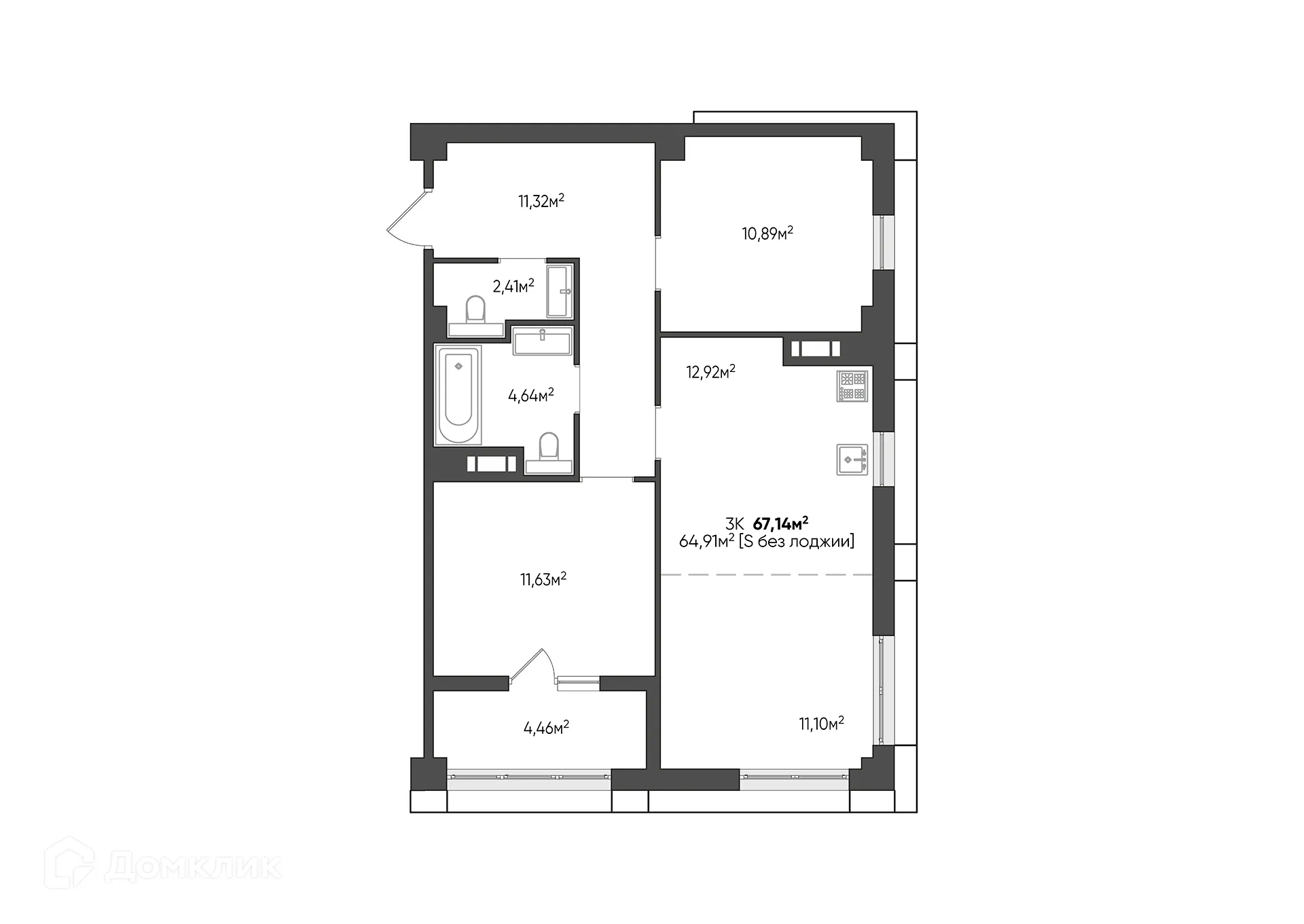 Планировка 3-комнатной квартиры 67.14 м² в ЖК URBN (Урбн), г. Волгоград — фото 2