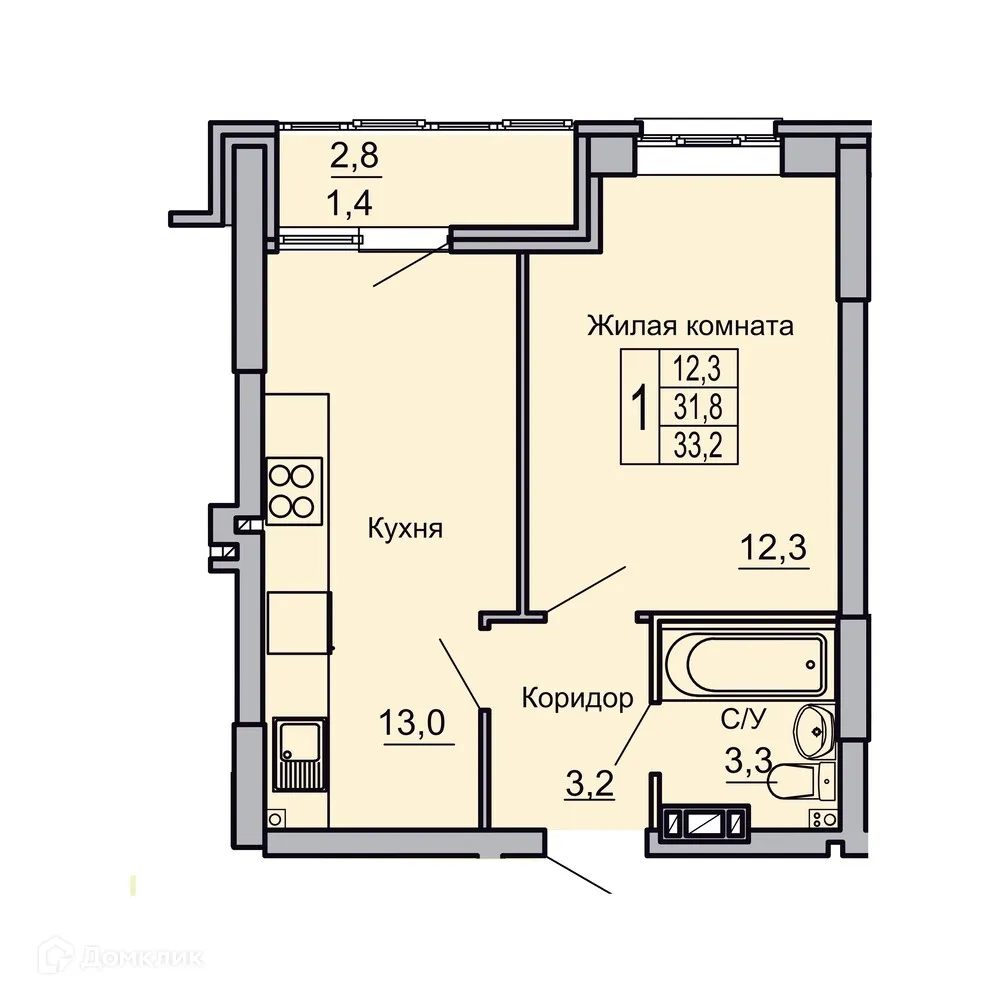 Планировка 1-комнатной квартиры 33.2 м² в ЖК Засекин, г. Волгоград — фото 1
