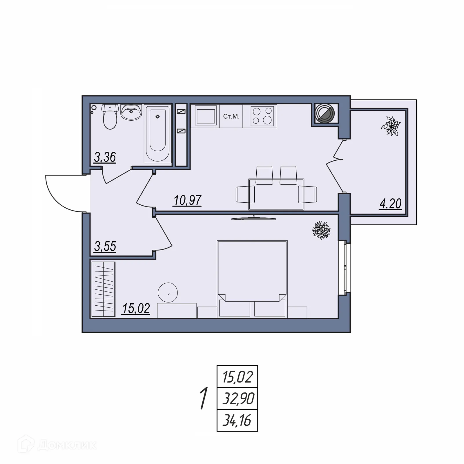 Планировка 1-комнатной квартиры 34.16 м² в ЖК Новый, г. Волгоград — фото 3