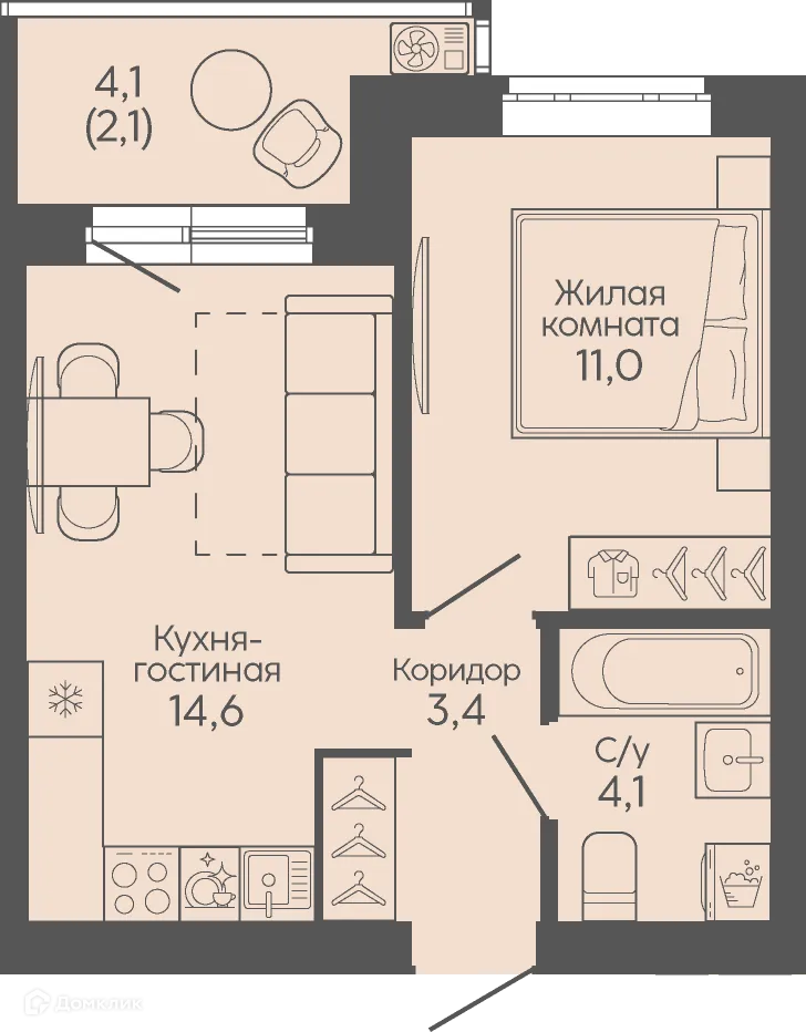 Планировка 1-комнатной квартиры 35.2 м² в ЖК Крылья Качи, г. Волгоград — фото 1