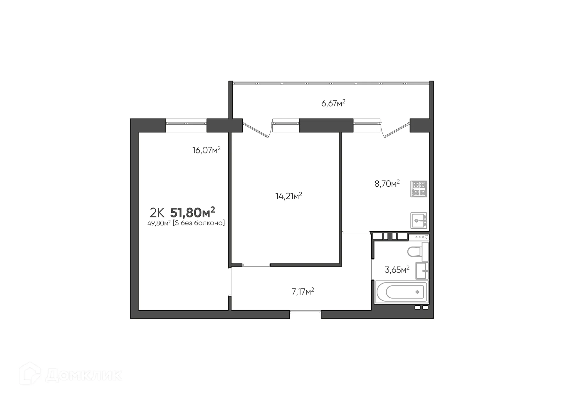 Планировка 2-комнатной квартиры 51.8 м² в ЖК Парк Европейский, г. Волгоград — фото 2