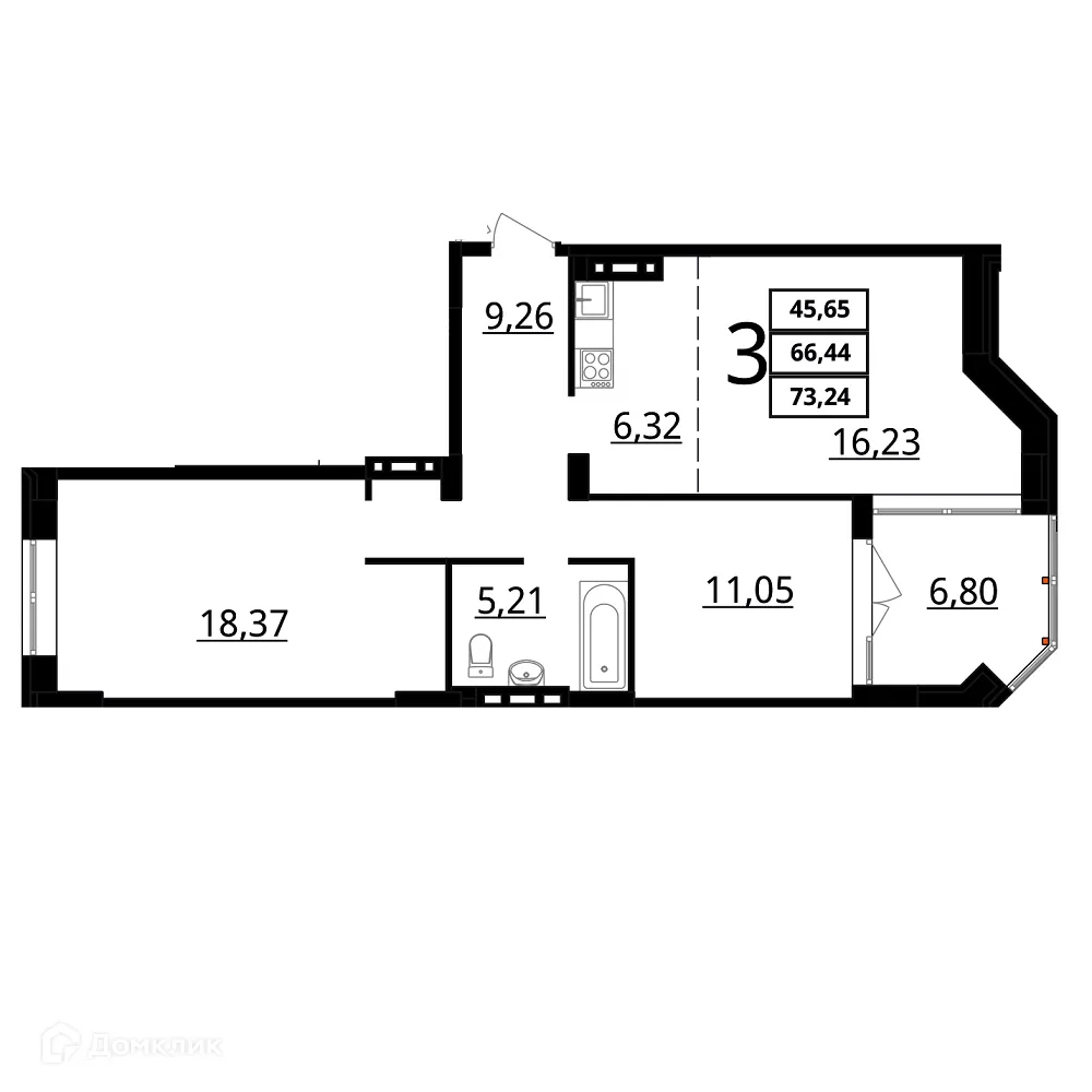 Планировка 3-комнатной квартиры 73.24 м² в ЖК "Резиденция", г. Волгоград — фото 1