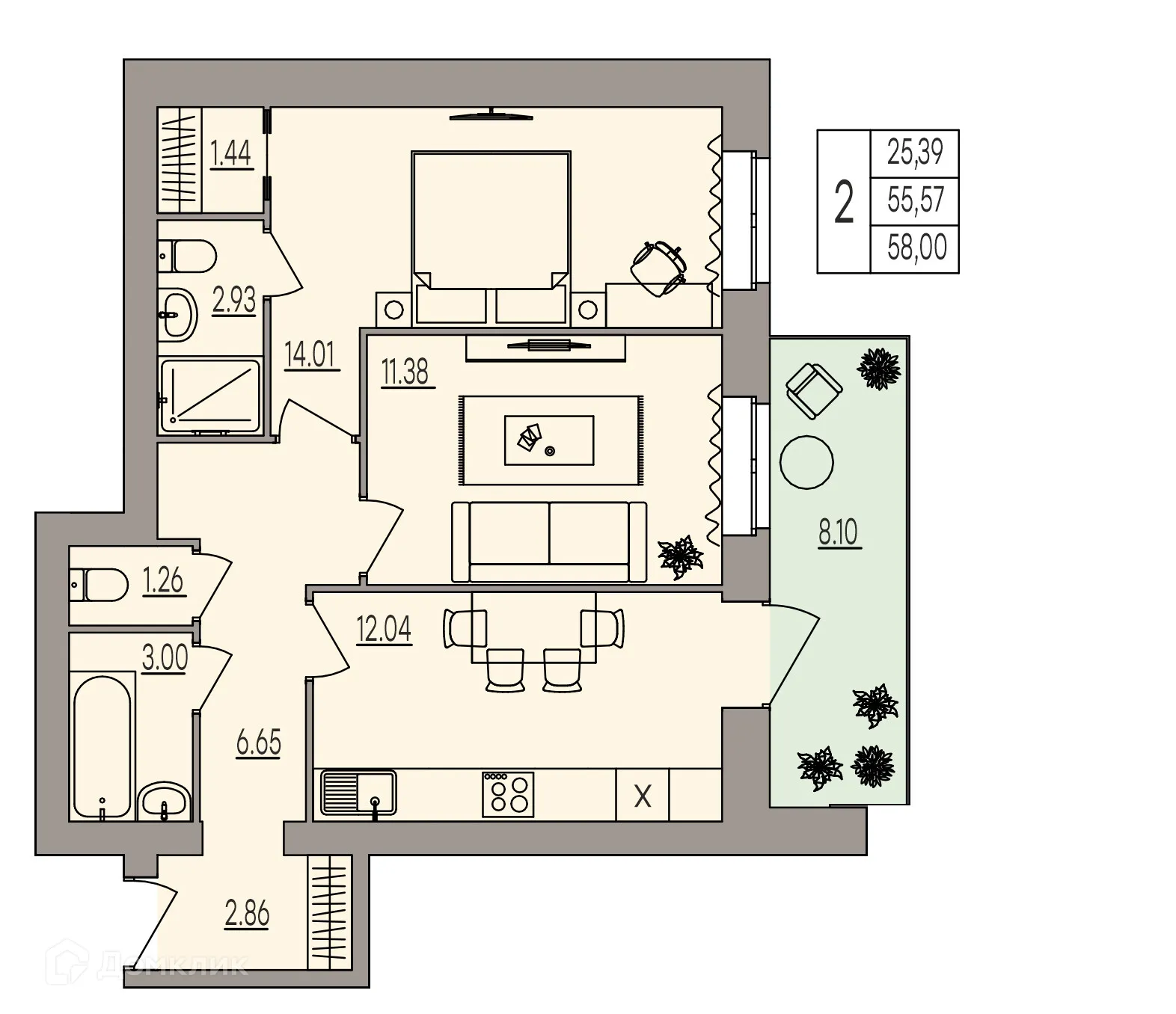 Планировка 2-комнатной квартиры 58 м² в ЖК Герои, г. Волгоград — фото 5