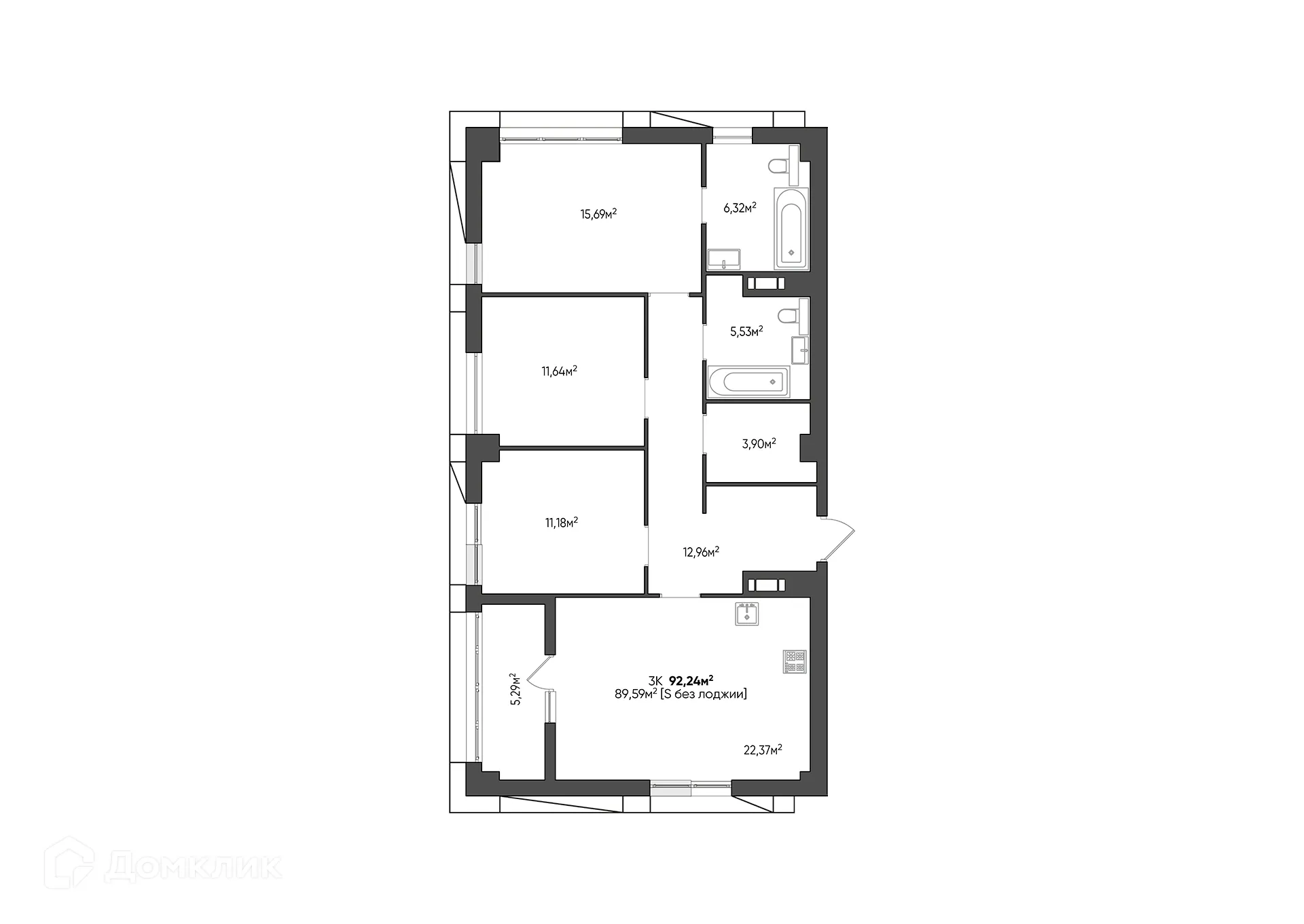 Планировка 3-комнатной квартиры 92.24 м² в ЖК URBN (Урбн), г. Волгоград — фото 11