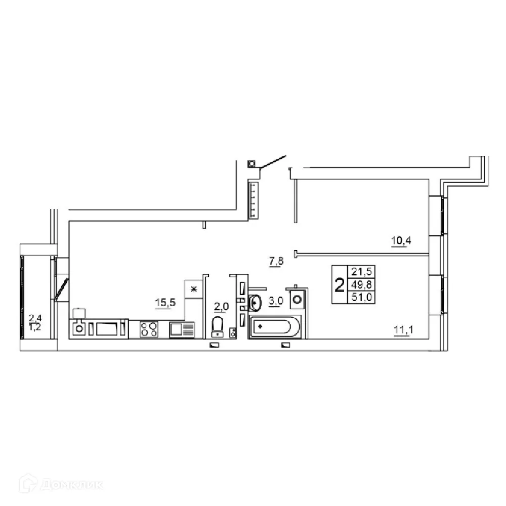 Планировка 2-комнатной квартиры 51 м² в ЖК Колизей, г. Волгоград — фото 19