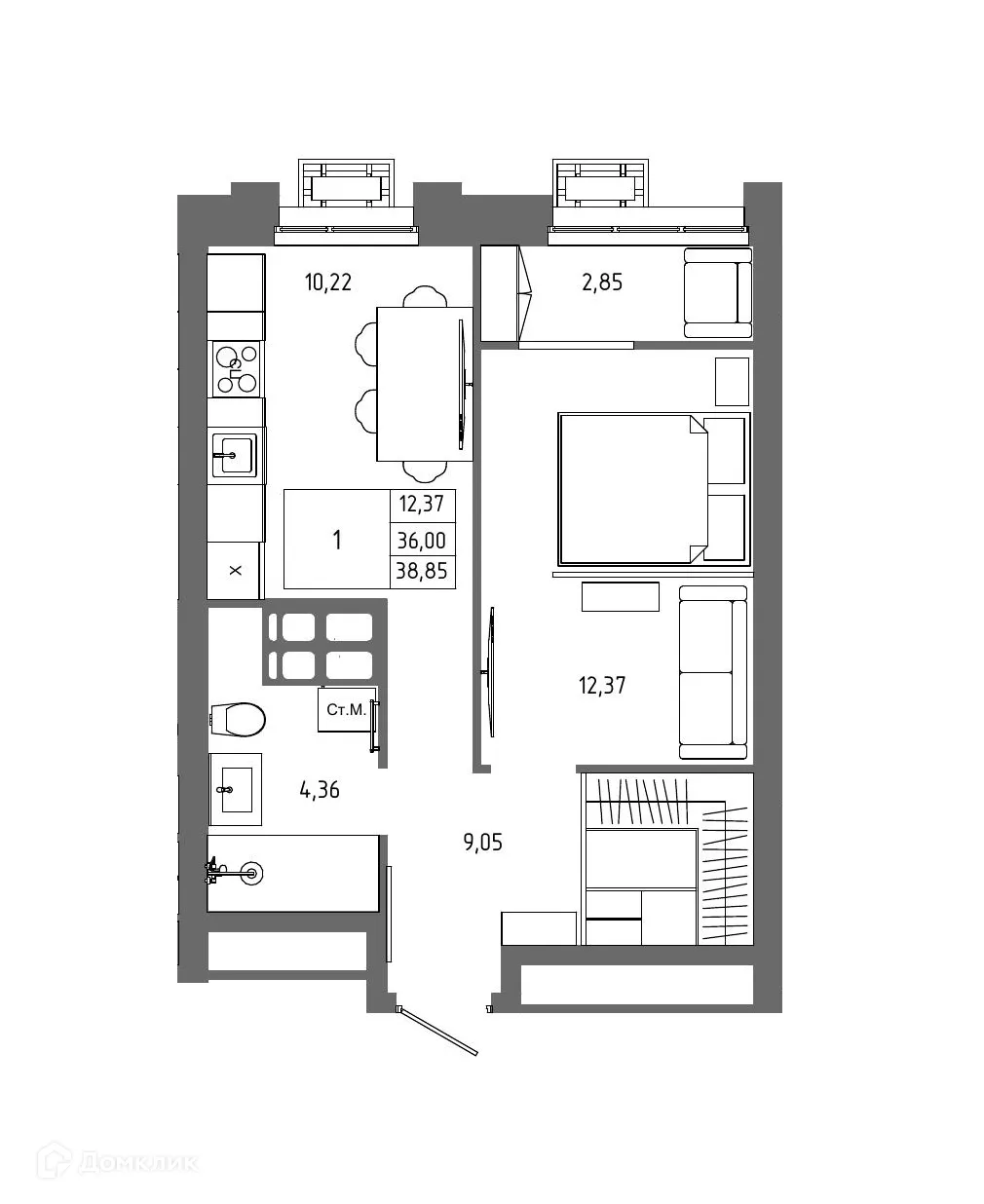 Планировка 1-комнатной квартиры 38.85 м² в ЖК ОМЕГА, г. Волгоград — фото 1