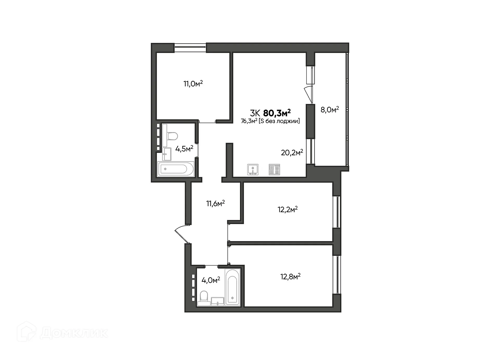 Планировка 3-комнатной квартиры 80.3 м² в ЖК Квартал, г. Волгоград — фото 11