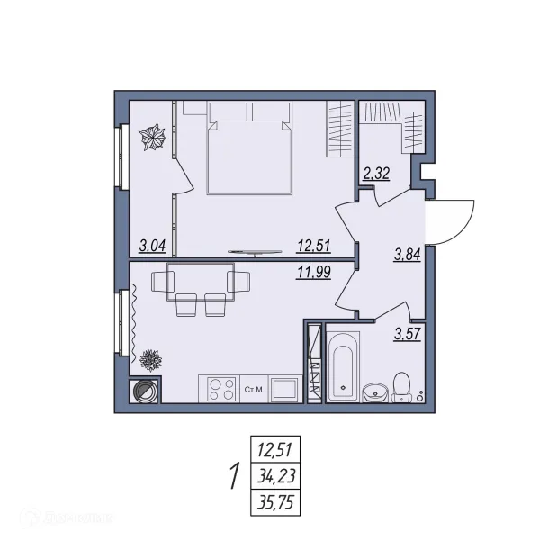 Планировка 1 комн. в ЖК Новый