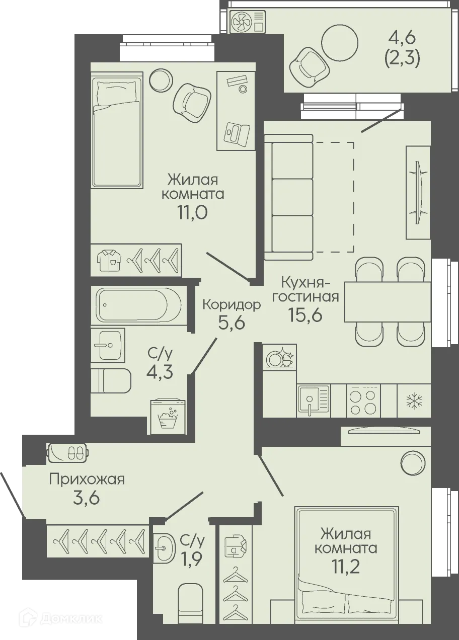 Планировка 2-комнатной квартиры 55.5 м² в ЖК Крылья Качи, г. Волгоград — фото 3