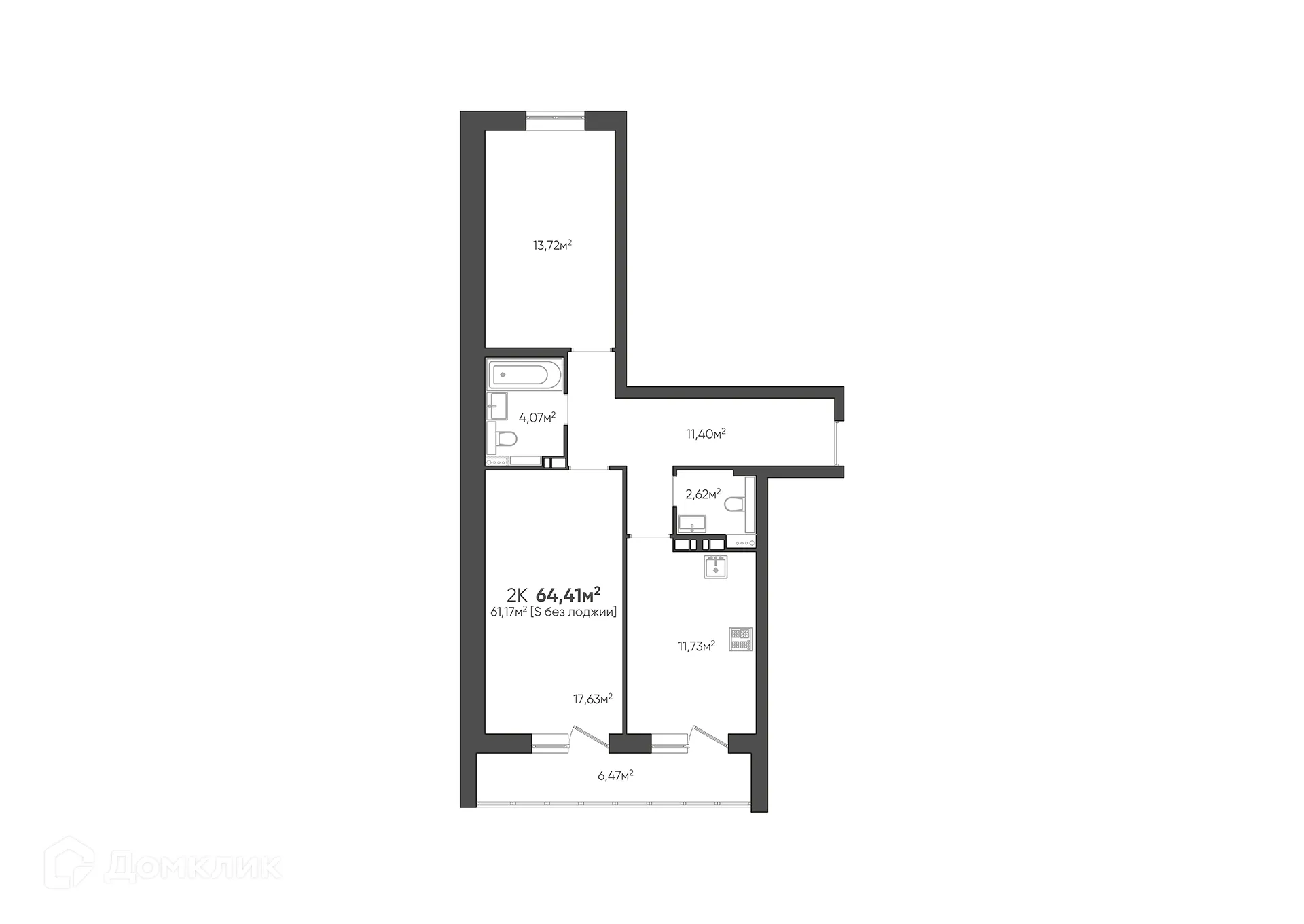 Планировка 2-комнатной квартиры 64.41 м² в ЖК Парк Европейский, г. Волгоград — фото 2