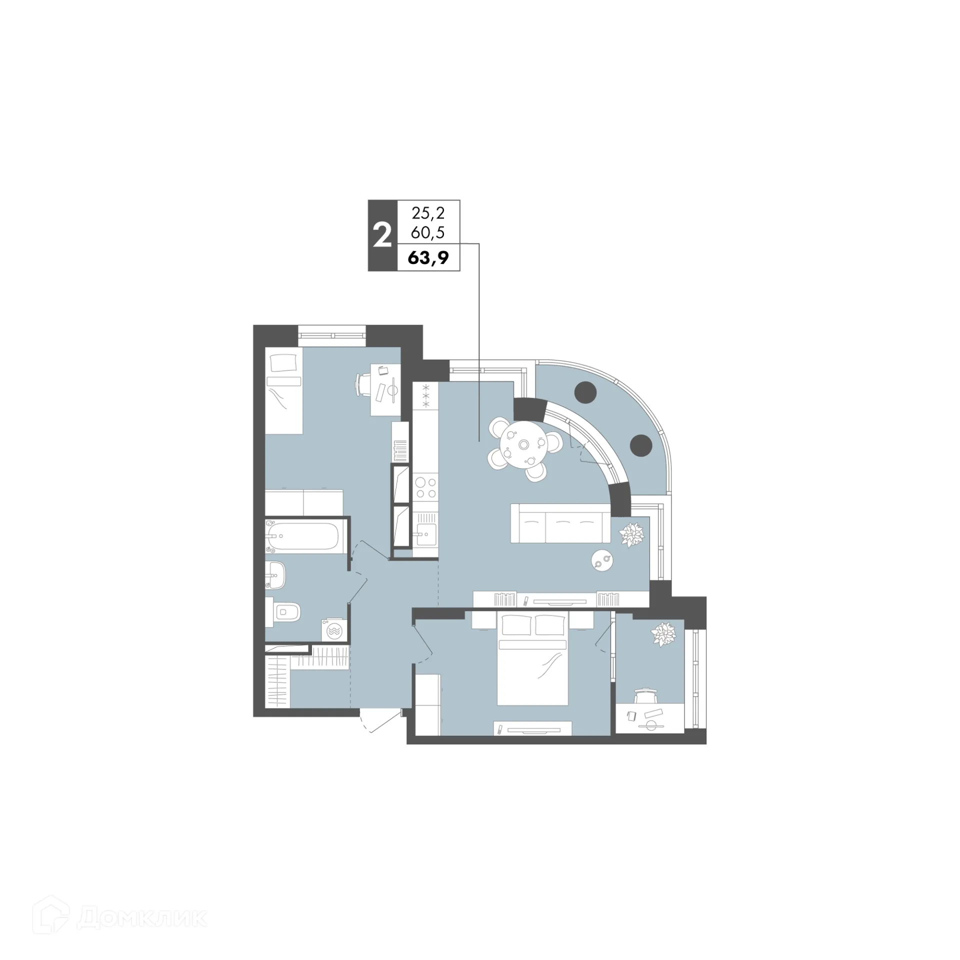Планировка 2-комнатной квартиры 63.9 м² в ЖК Маяк на Двинской, г. Волгоград — фото 19