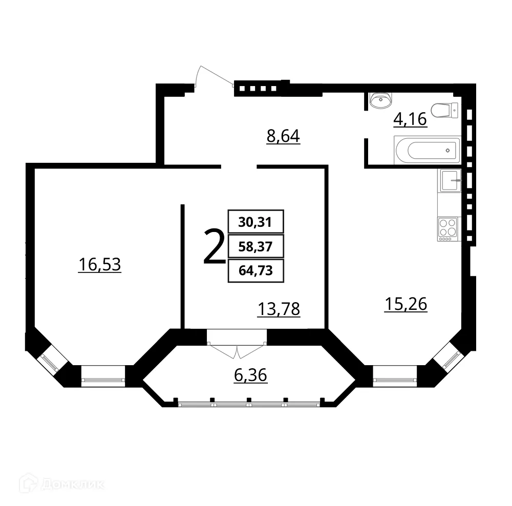 Планировка 2-комнатной квартиры 64.73 м² в ЖК "Резиденция", г. Волгоград — фото 1