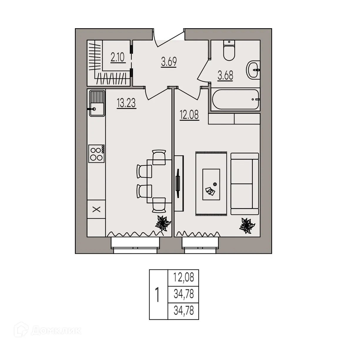 Планировка 1-комнатной квартиры 34.78 м² в ЖК Герои, г. Волгоград — фото 5