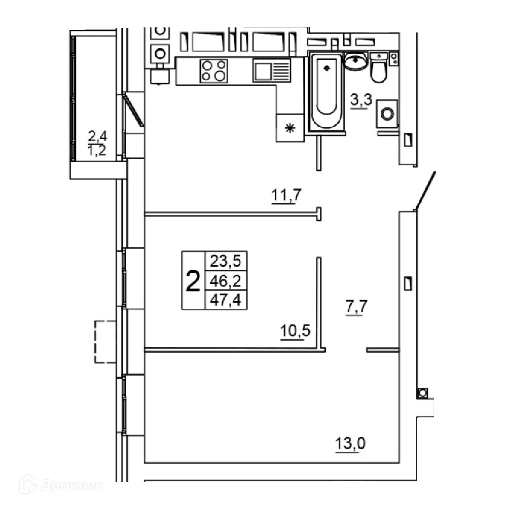 Планировка 2-комнатной квартиры 47.4 м² в ЖК Колизей, г. Волгоград — фото 1