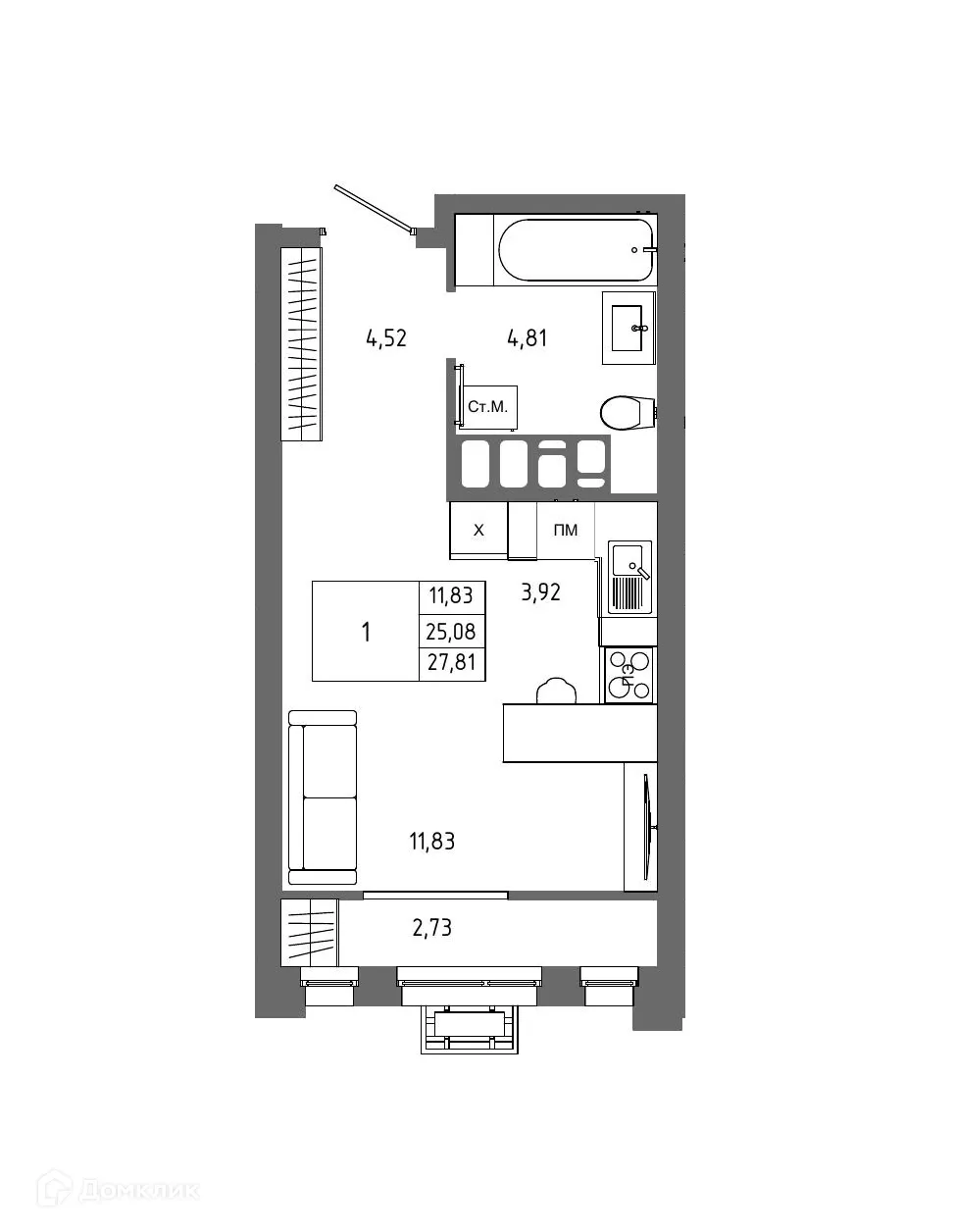 Планировка 1-комнатной квартиры 27.81 м² в ЖК ОМЕГА, г. Волгоград — фото 3