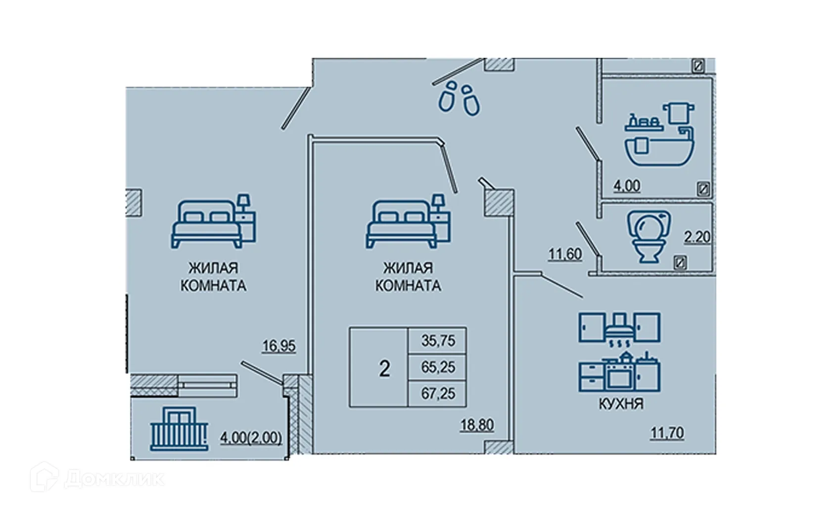 Планировка 2-комнатной квартиры 66.95 м² в ЖК Петровский парк, г. Волгоград — фото 1