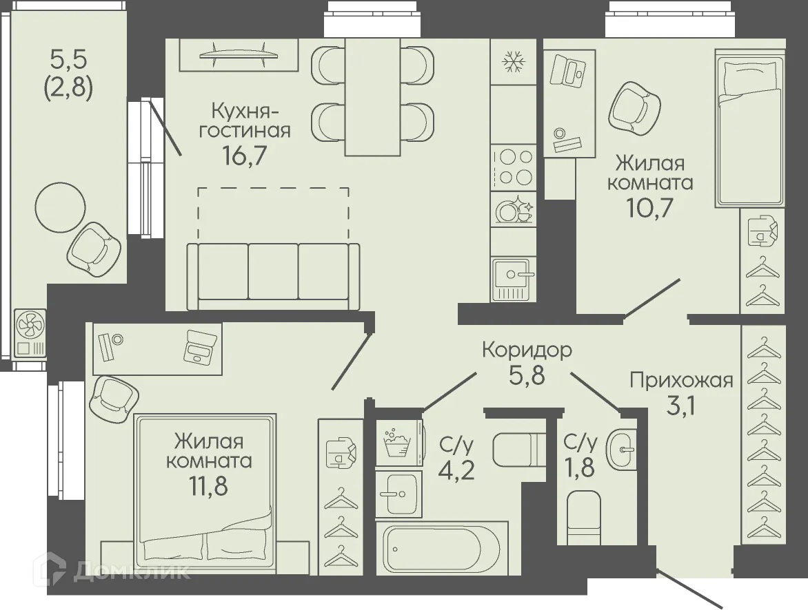 Планировка 2-комнатной квартиры 56.9 м² в ЖК Крылья Качи, г. Волгоград — фото 4