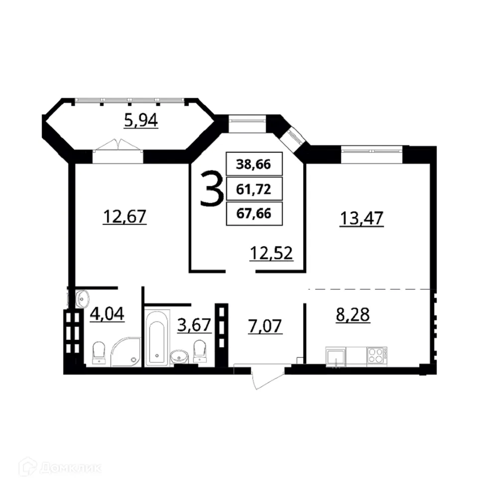 Планировка 3-комнатной квартиры 67.66 м² в ЖК "Резиденция", г. Волгоград — фото 1