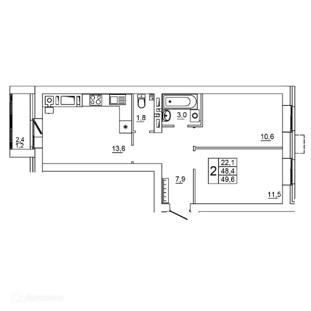 Планировка 2-комнатной квартиры 49.6 м² в ЖК Колизей, г. Волгоград — фото 19