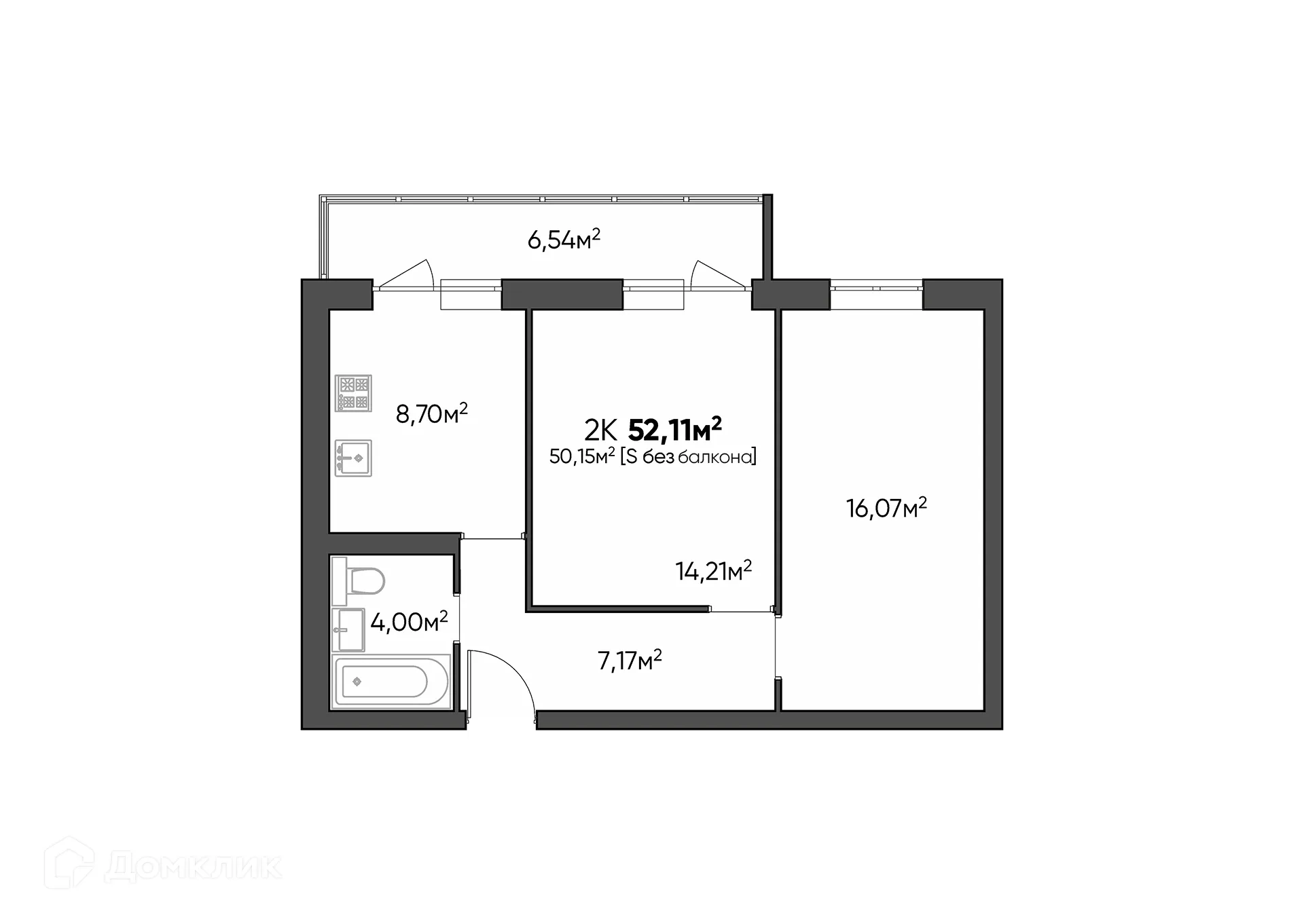 Планировка 2-комнатной квартиры 52.11 м² в ЖК Квартал, г. Волгоград — фото 2