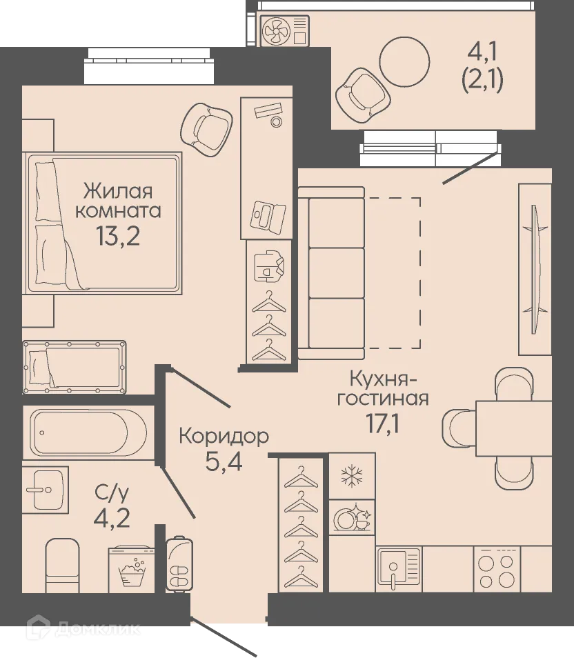 Планировка 1-комнатной квартиры 42 м² в ЖК Крылья Качи, г. Волгоград — фото 4