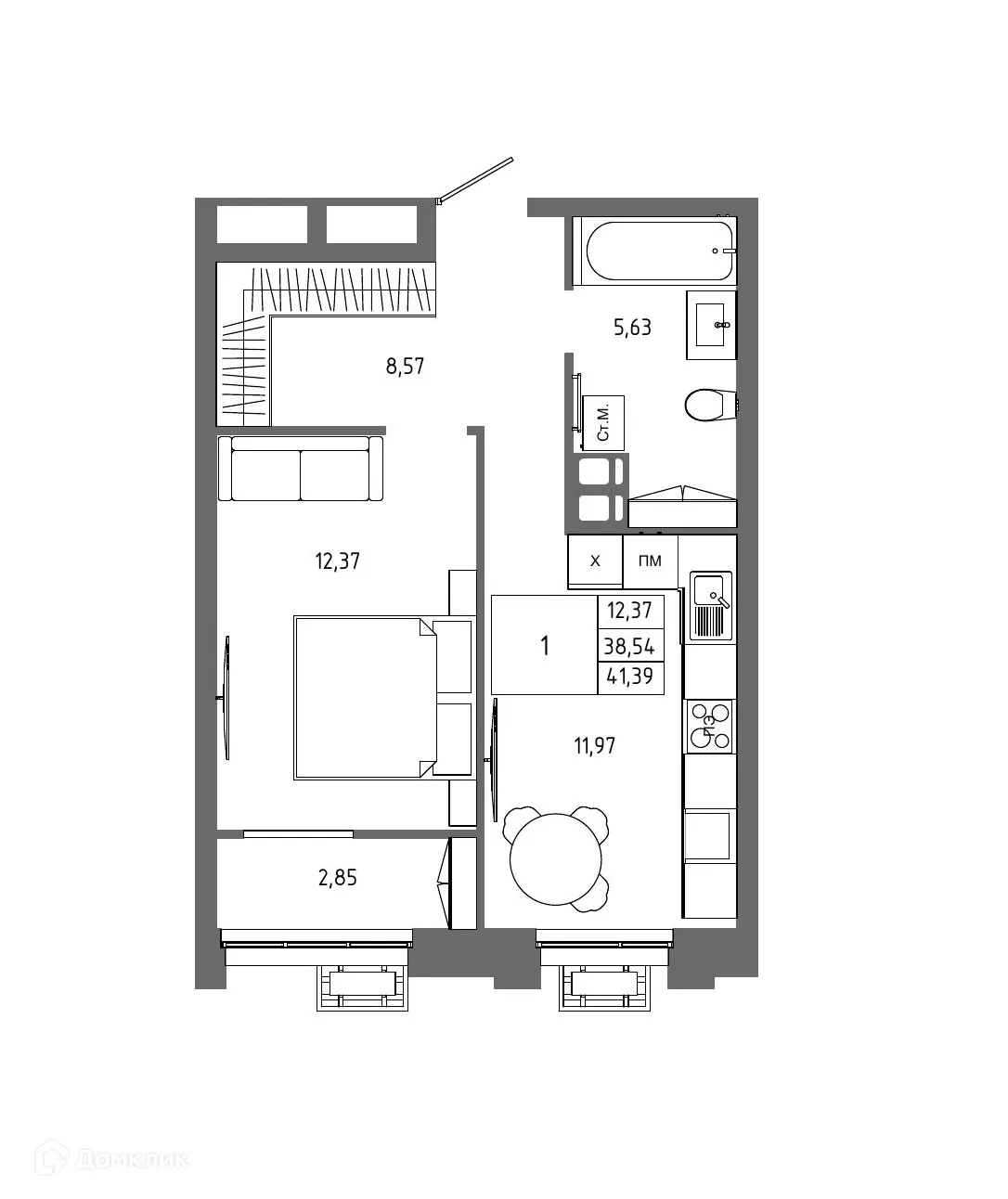 Планировка 1-комнатной квартиры 41.39 м² в ЖК ОМЕГА, г. Волгоград — фото 1