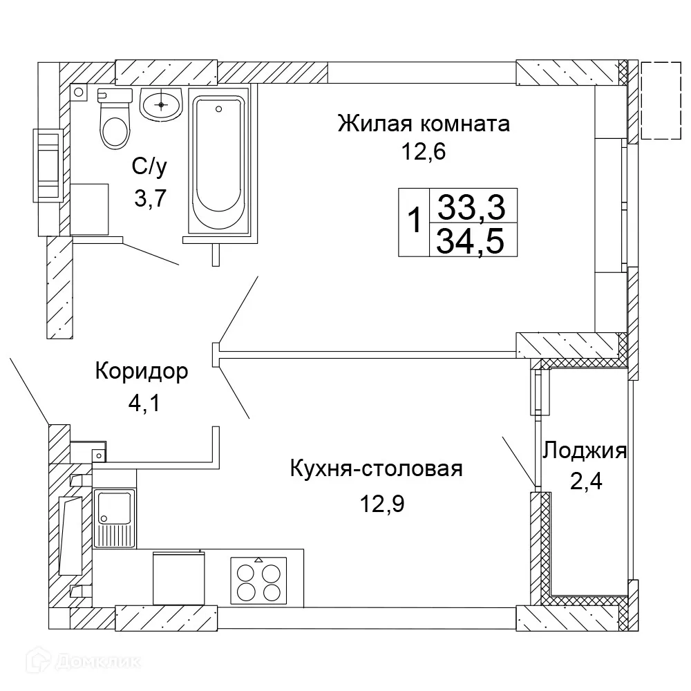 Планировка 1-комнатной квартиры 34.5 м² в ЖК Колизей, г. Волгоград — фото 1