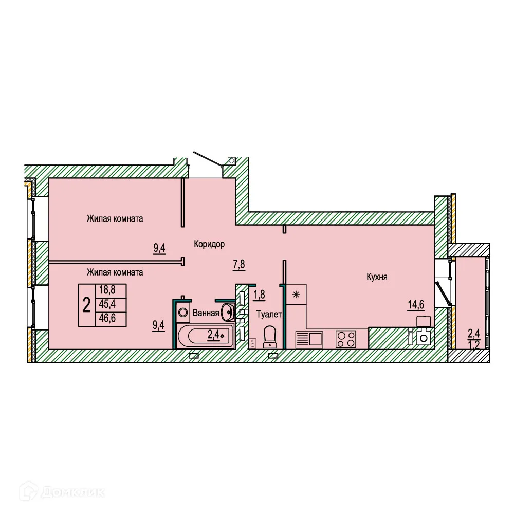 Планировка 2-комнатной квартиры 46.6 м² в ЖК Колизей, г. Волгоград — фото 1