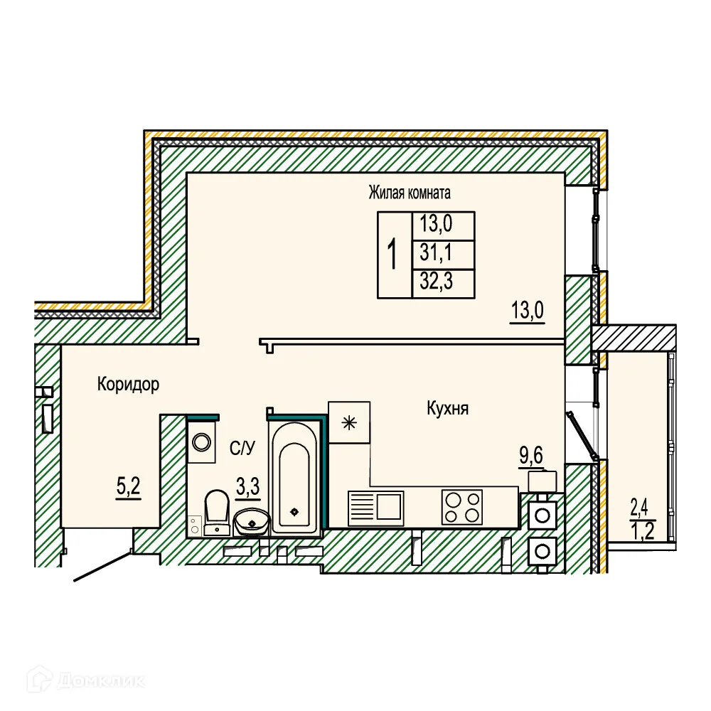 Планировка 1-комнатной квартиры 32.3 м² в ЖК Колизей, г. Волгоград — фото 3