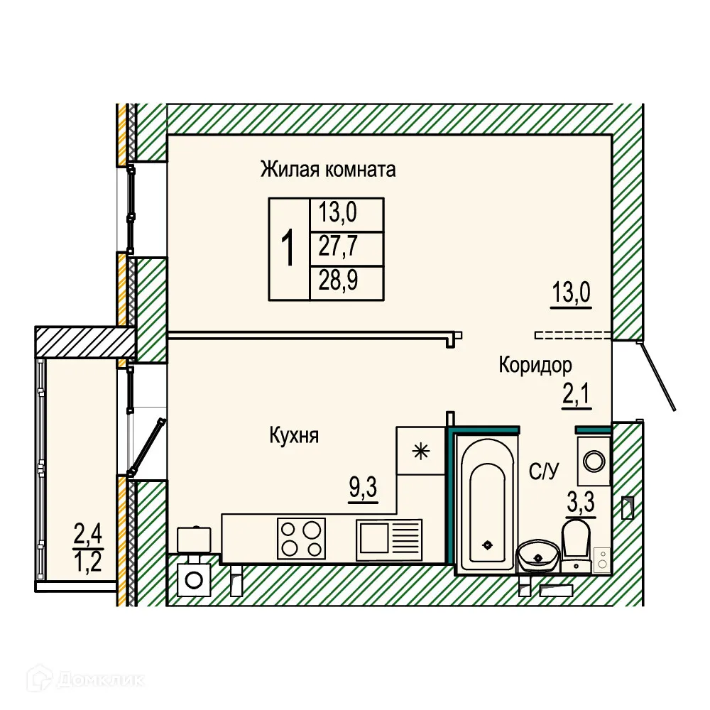 Планировка 1-комнатной квартиры 28.9 м² в ЖК Колизей, г. Волгоград — фото 1