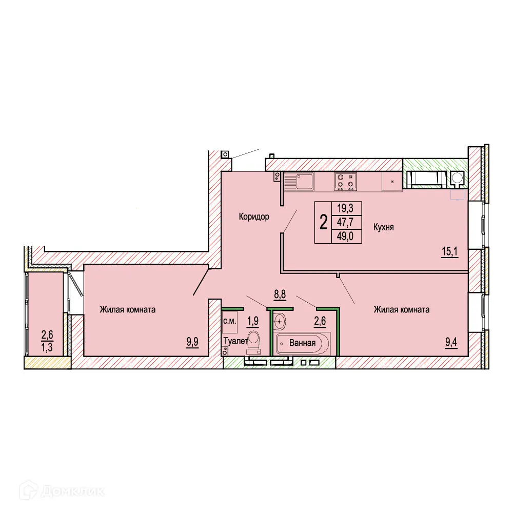 Планировка 2-комнатной квартиры 49 м² в ЖК Колизей, г. Волгоград — фото 1