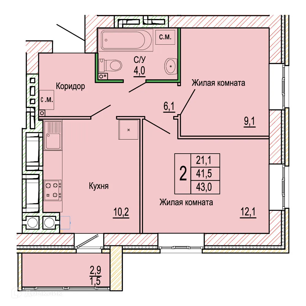 Планировка 2-комнатной квартиры 43 м² в ЖК Колизей, г. Волгоград — фото 1