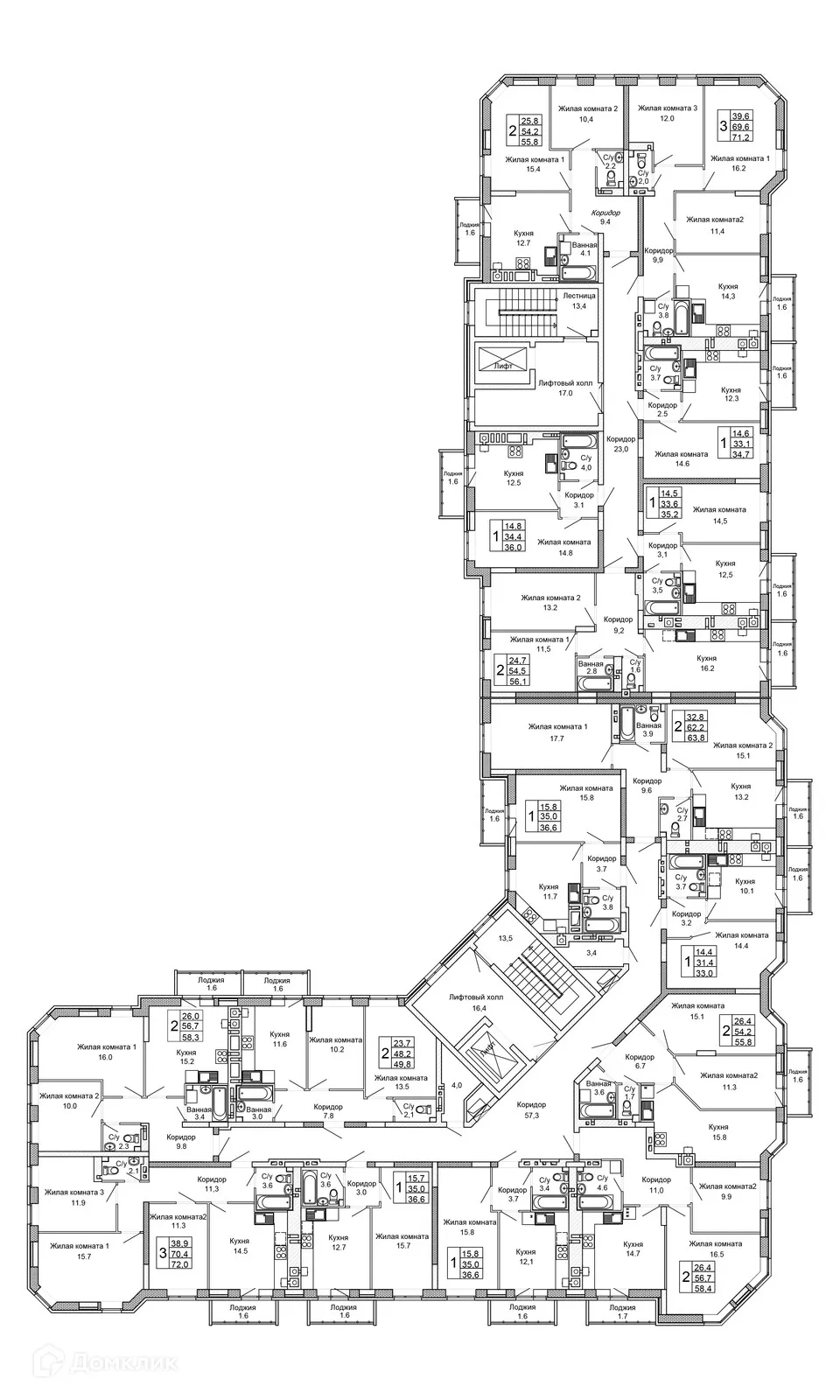 Планировка 2-комнатной квартиры 55.8 м² в ЖК Колизей, г. Волгоград — фото 2