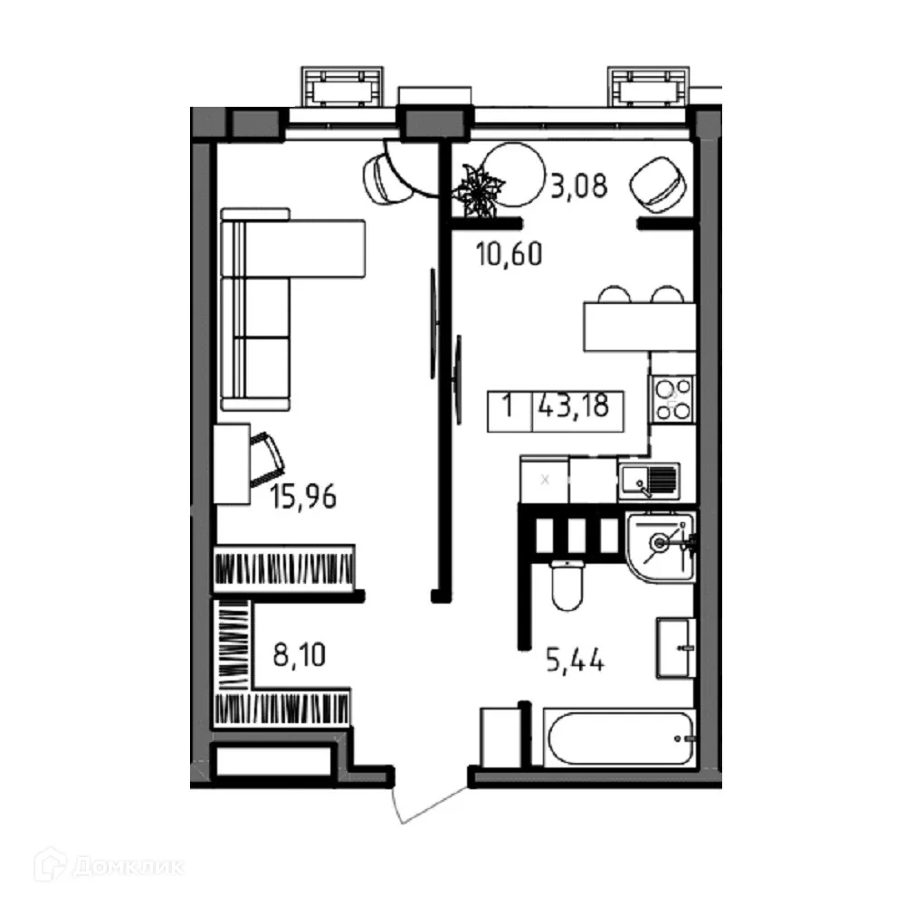 Планировка 1-комнатной квартиры 43.18 м² в ЖК ОМЕГА, г. Волгоград — фото 5