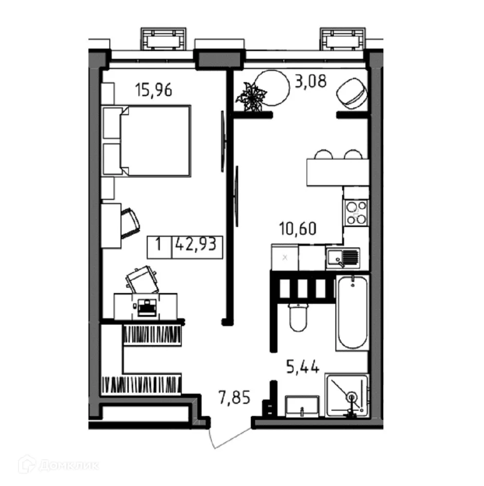 Планировка 1-комнатной квартиры 42.93 м² в ЖК ОМЕГА, г. Волгоград — фото 5