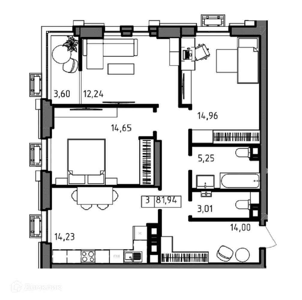 Планировка 3-комнатной квартиры 81.94 м² в ЖК ОМЕГА, г. Волгоград — фото 5