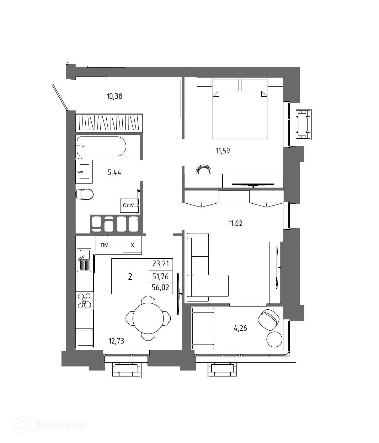 Планировка 2-комнатной квартиры 56.02 м² в ЖК ОМЕГА, г. Волгоград — фото 1