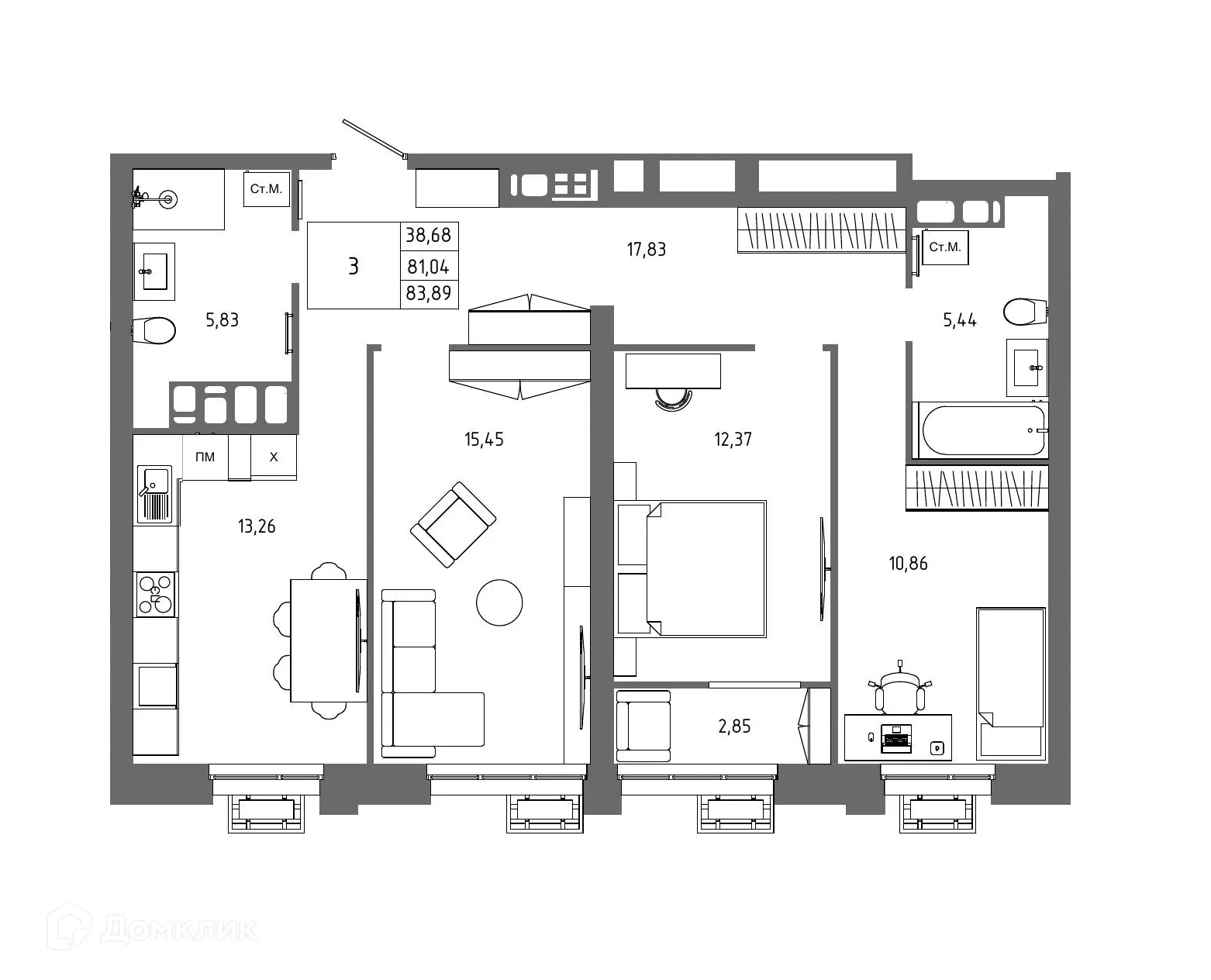 Планировка 3-комнатной квартиры 83.89 м² в ЖК ОМЕГА, г. Волгоград — фото 1