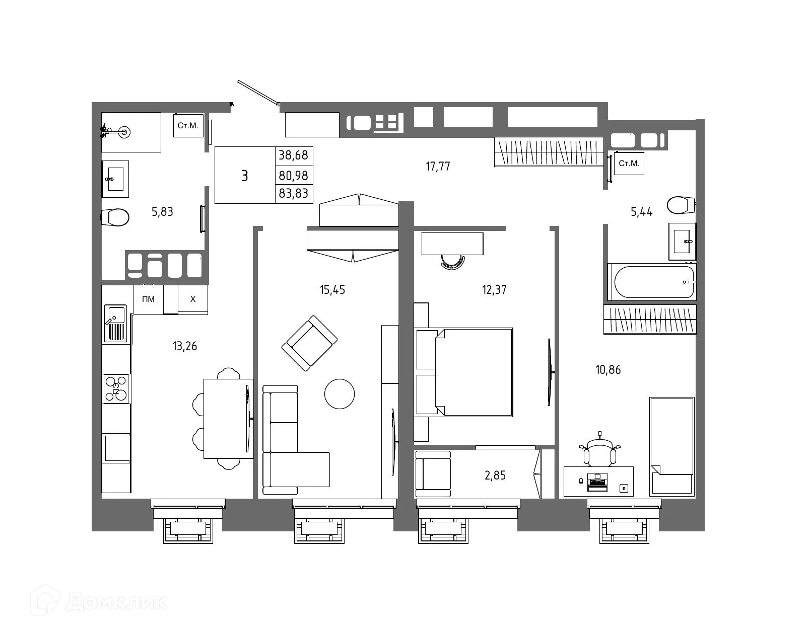 Планировка 3-комнатной квартиры 83.83 м² в ЖК ОМЕГА, г. Волгоград — фото 3
