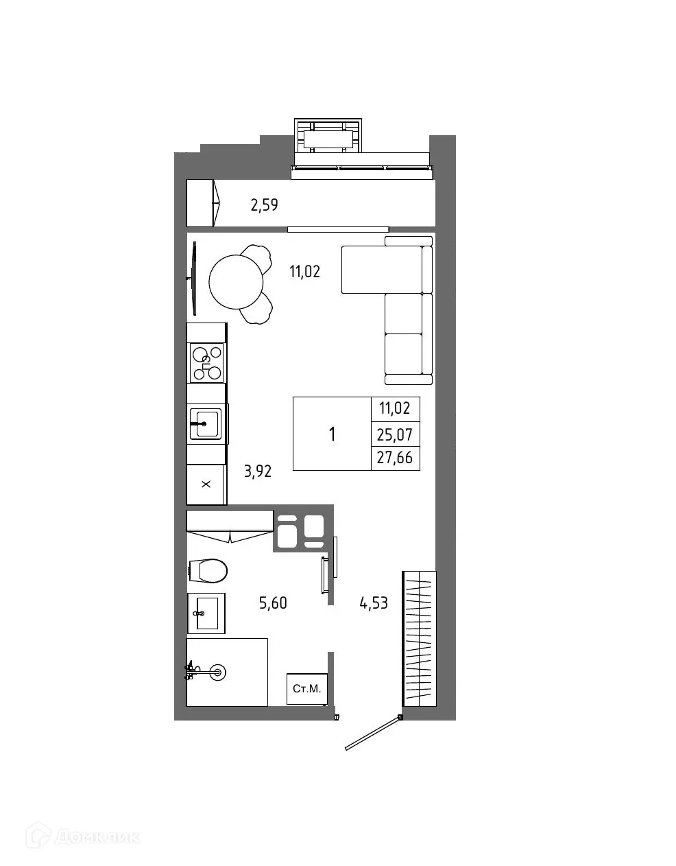Планировка 1-комнатной квартиры 27.66 м² в ЖК ОМЕГА, г. Волгоград — фото 1