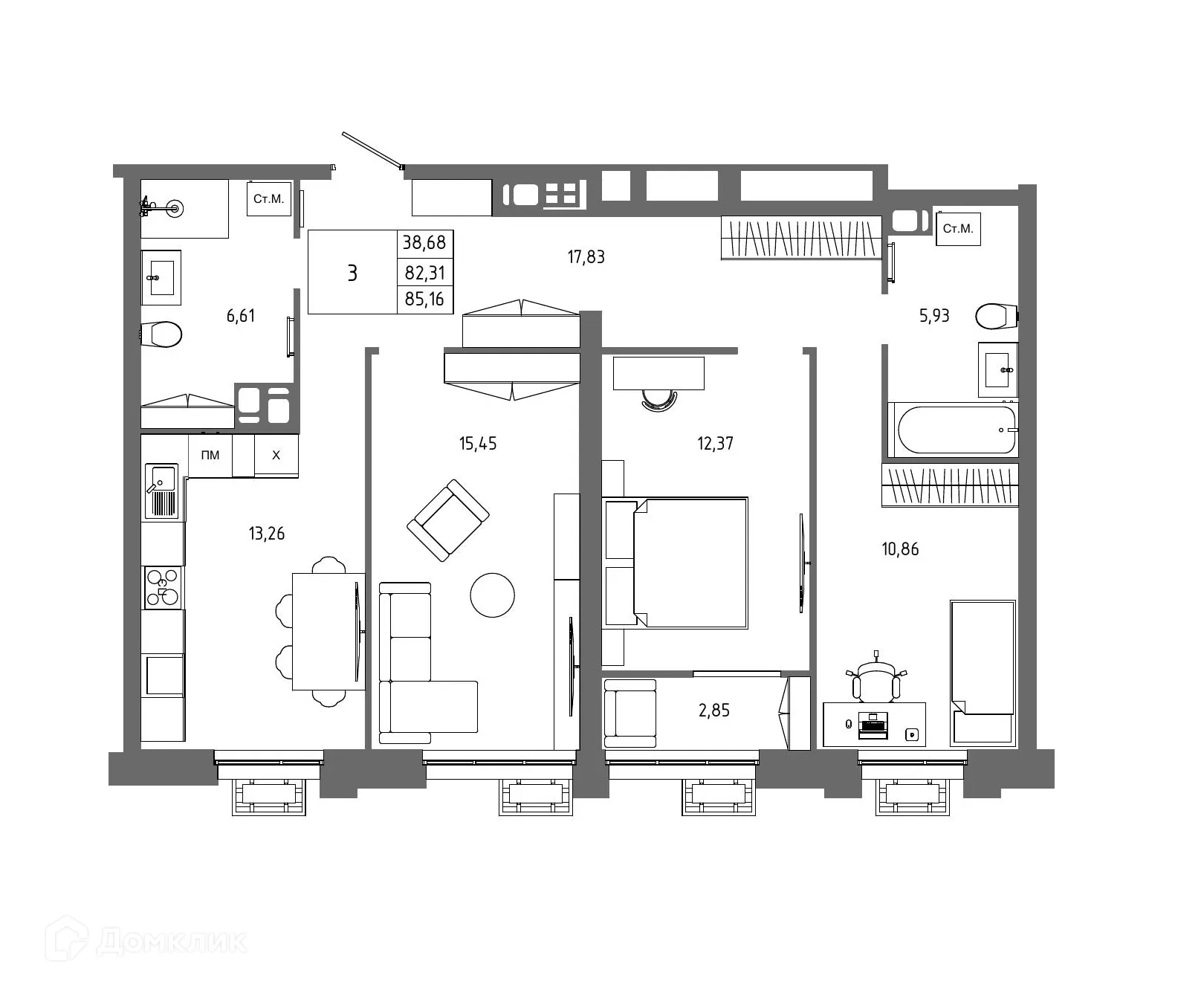 Планировка 3-комнатной квартиры 85.16 м² в ЖК ОМЕГА, г. Волгоград — фото 1
