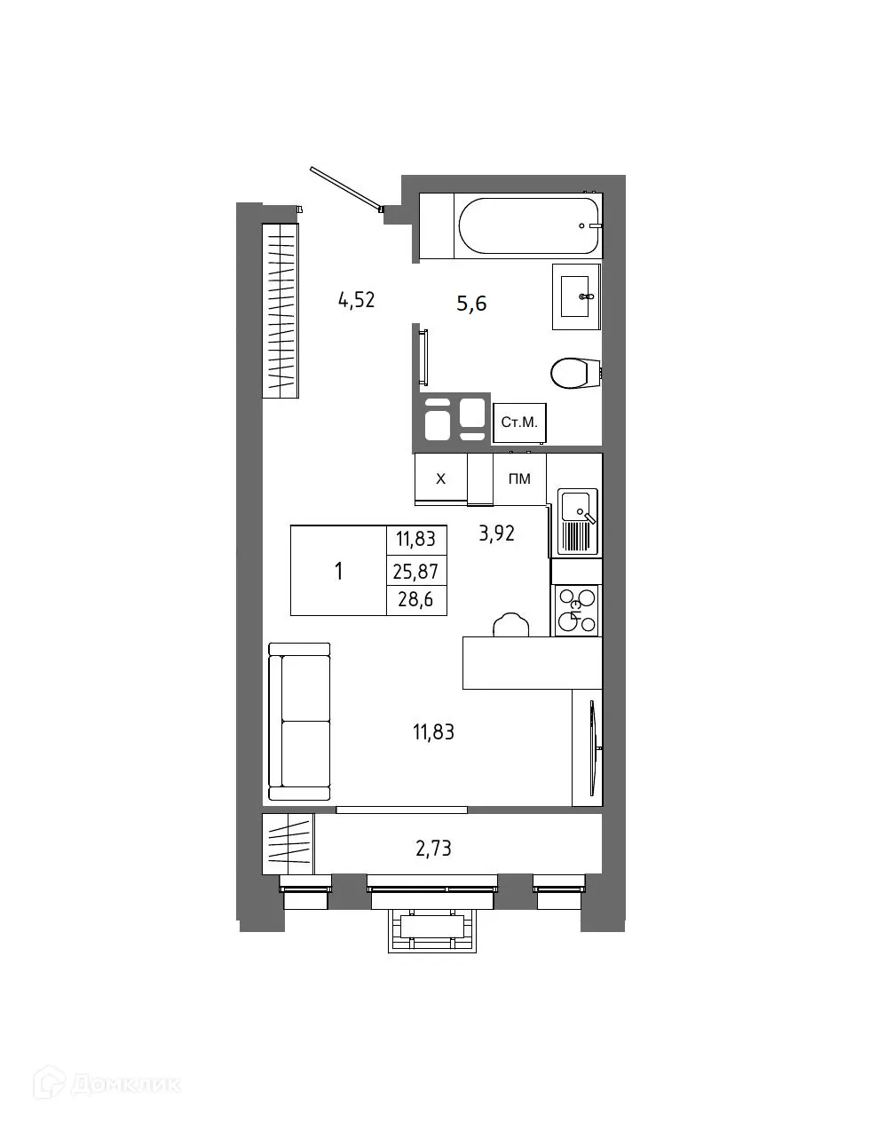 Планировка 1-комнатной квартиры 28.6 м² в ЖК ОМЕГА, г. Волгоград — фото 1