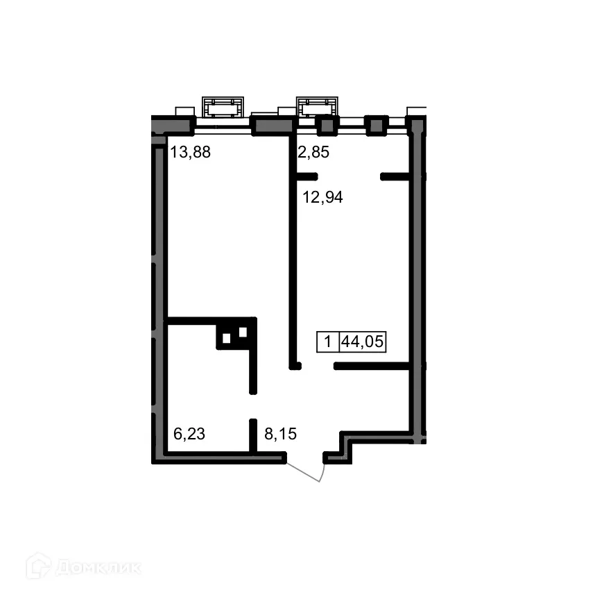 Планировка 1-комнатной квартиры 44.05 м² в ЖК ОМЕГА, г. Волгоград — фото 1