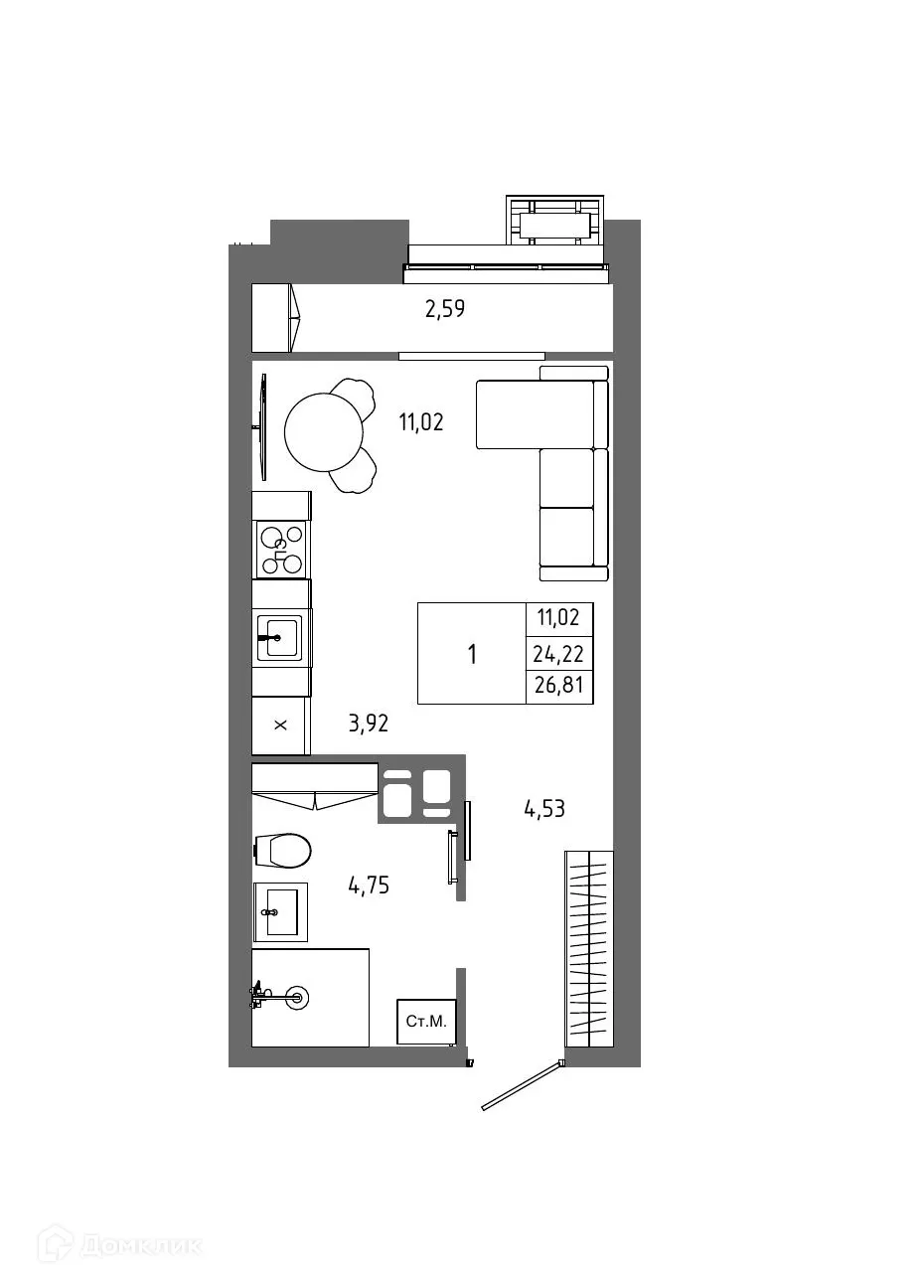 Планировка 1-комнатной квартиры 26.81 м² в ЖК ОМЕГА, г. Волгоград — фото 1