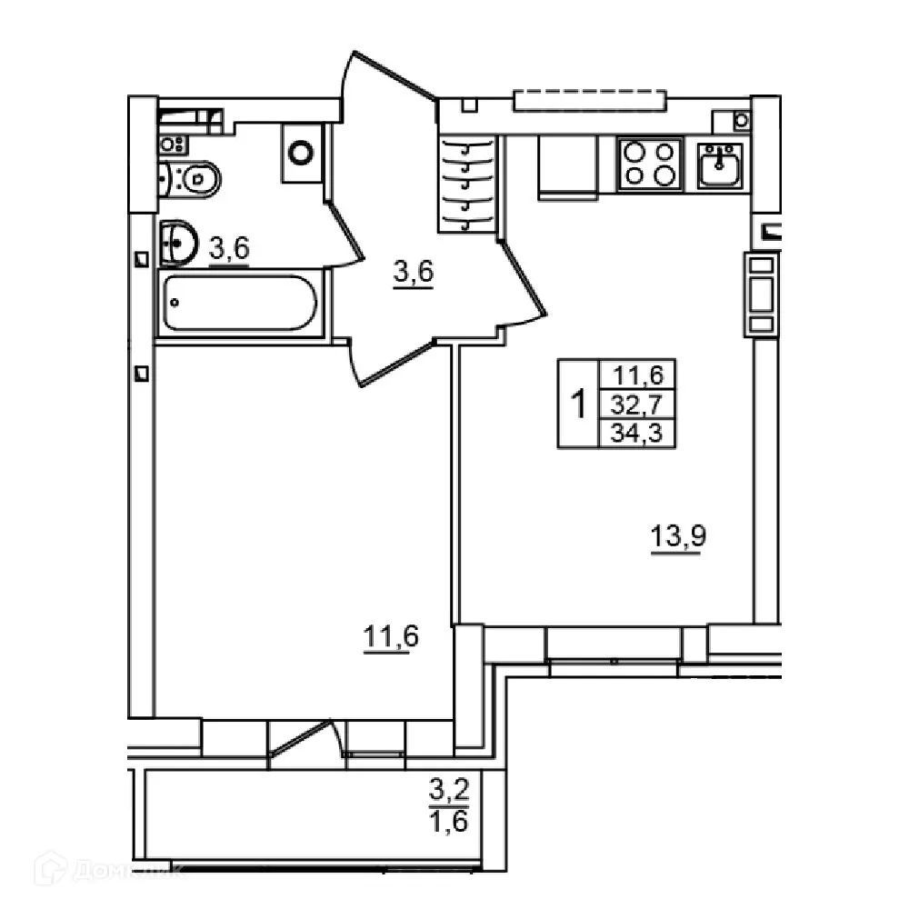 Планировка 1-комнатной квартиры 34.3 м² в ЖК Сталь, г. Волгоград — фото 1