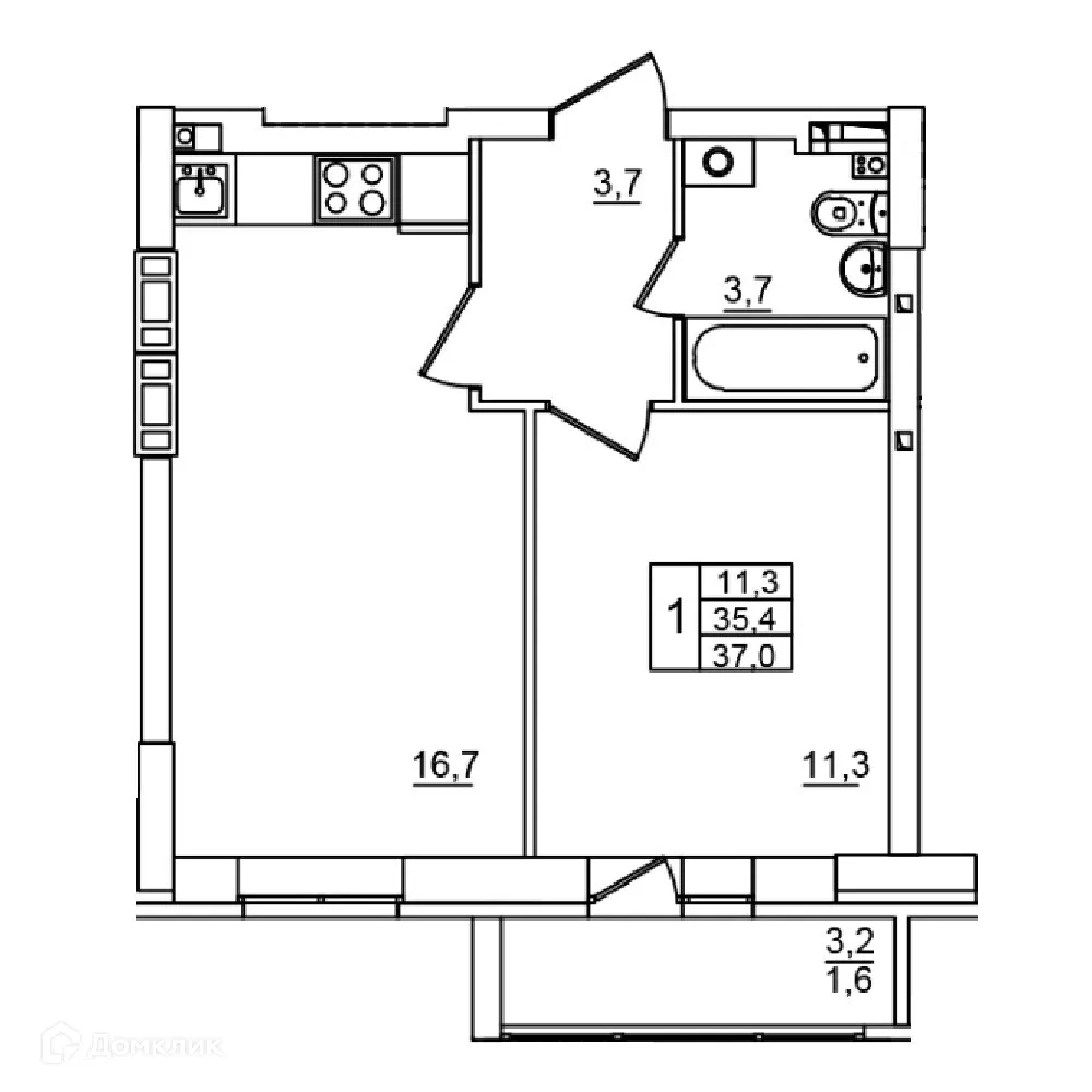 Планировка 1-комнатной квартиры 37 м² в ЖК Сталь, г. Волгоград — фото 1