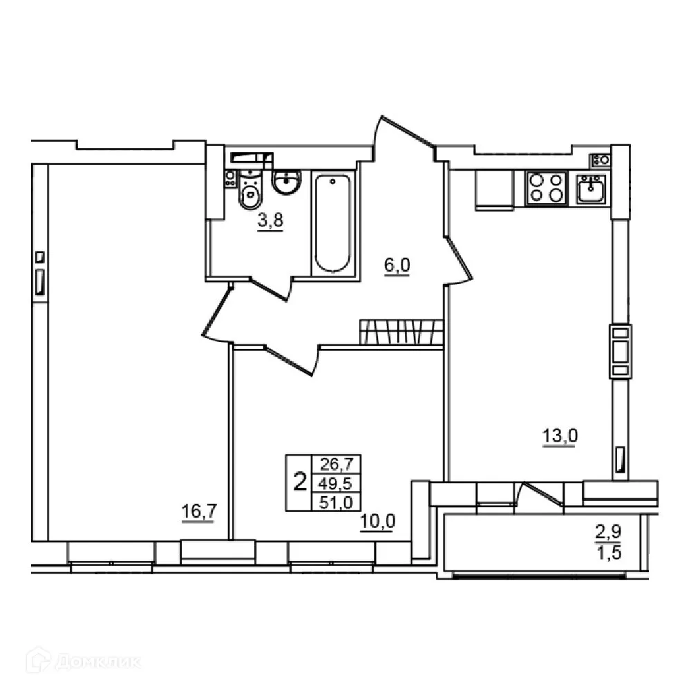 Планировка 2-комнатной квартиры 51 м² в ЖК Сталь, г. Волгоград — фото 1