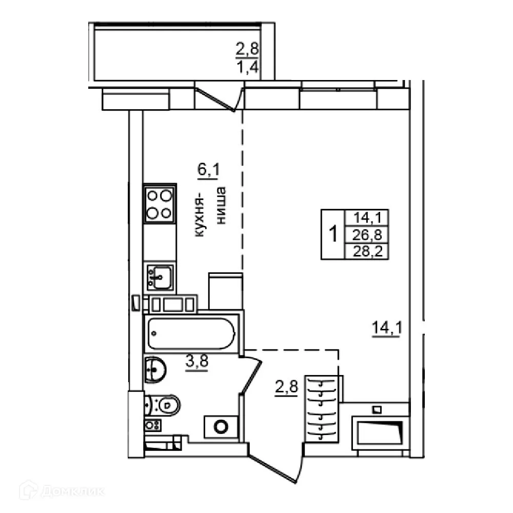 Планировка 1-комнатной квартиры 28.2 м² в ЖК Сталь, г. Волгоград — фото 1